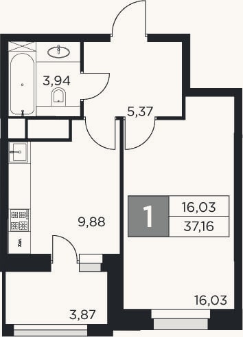 Планировка: 1-к, 35,2 м²