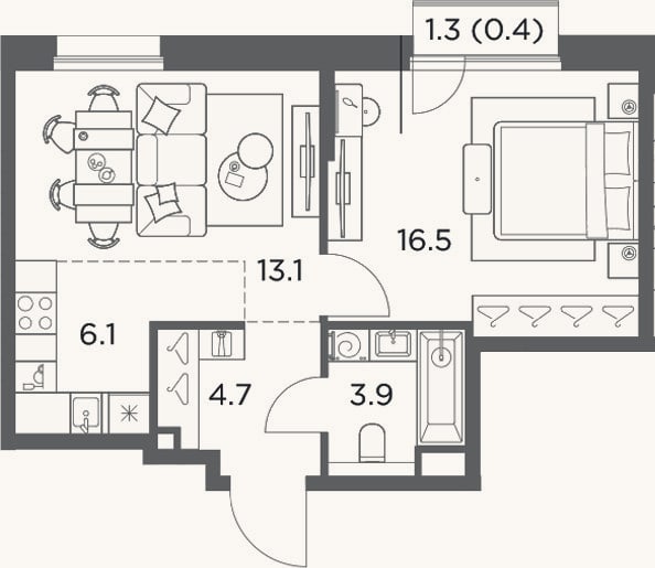 Планировка: 2-к, 44,3 м²