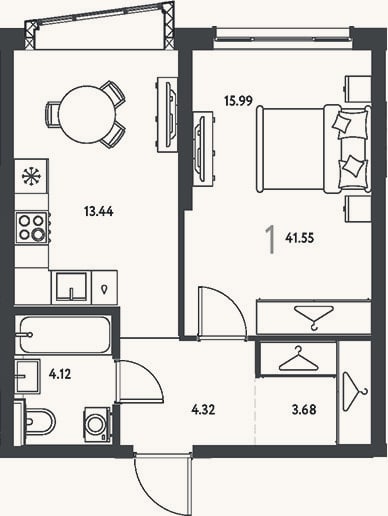 Планировка: 1-к, 41,6 м²