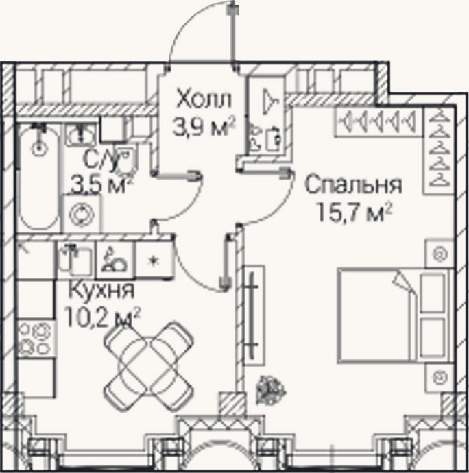 Планировка: 1-к, 33,3 м²