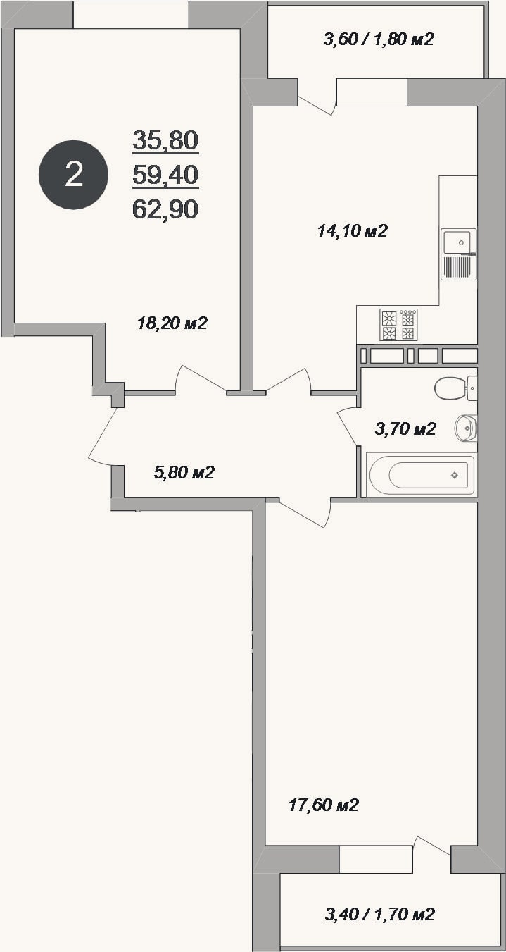 Планировка: 2-к, 59,4 м²