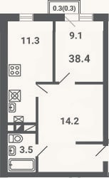 Планировка: 1-к, 38,1 м²