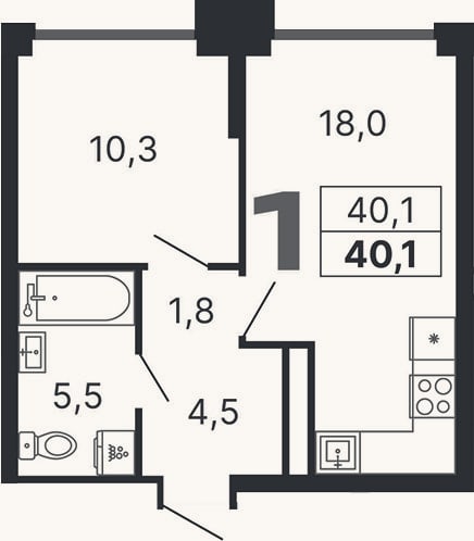 Планировка: 1-к, 40,1 м²