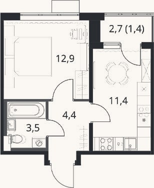 Планировка: 1-к, 32,2 м²