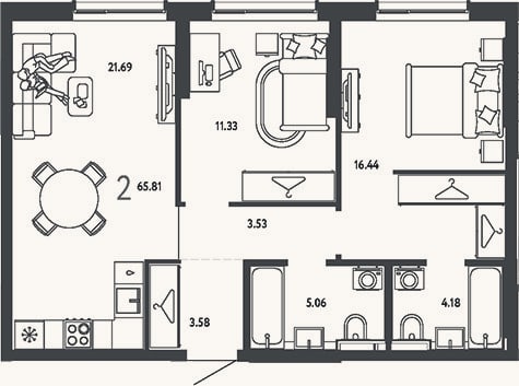 Планировка: 2-к, 65,8 м²