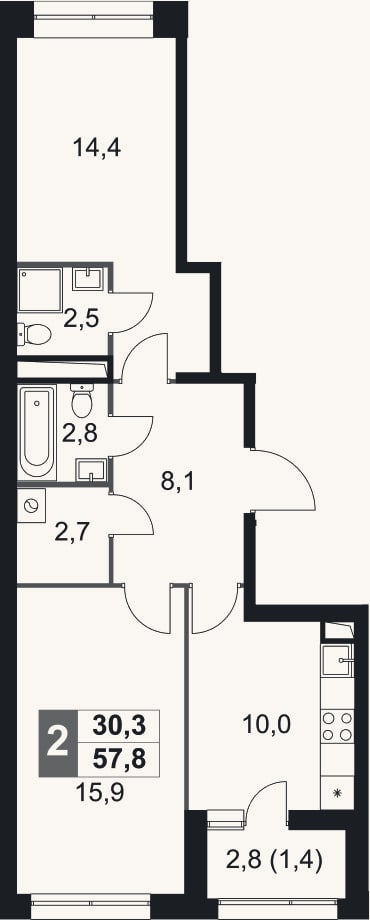 Планировка: 2-к, 56,4 м²
