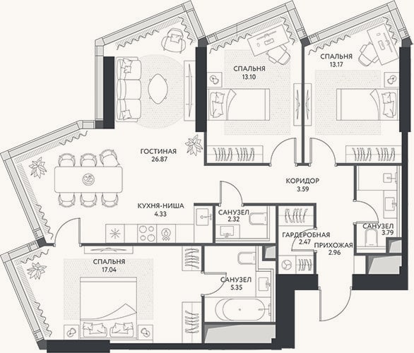 Планировка: 4+ к, 95 м²