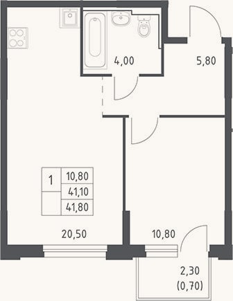 Планировка: 2-к, 41,1 м²