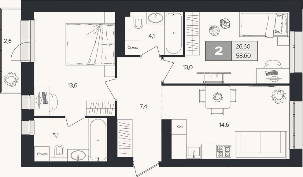 Планировка: 2-к, 57,8 м²