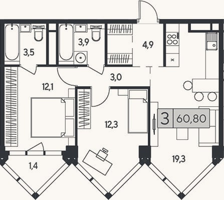 Планировка: 3-к, 59,4 м²