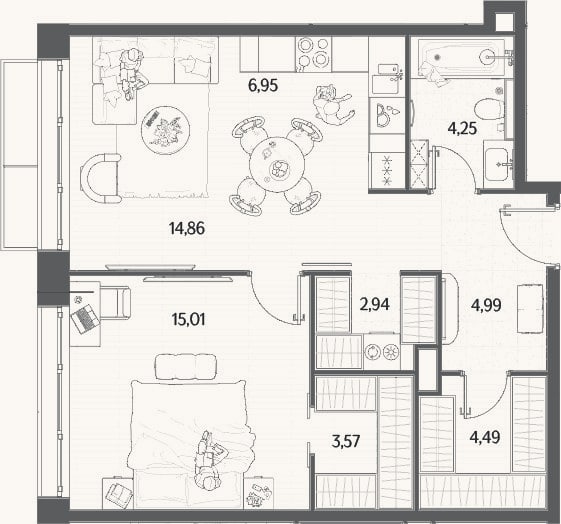 Планировка: 2-к, 57,1 м²