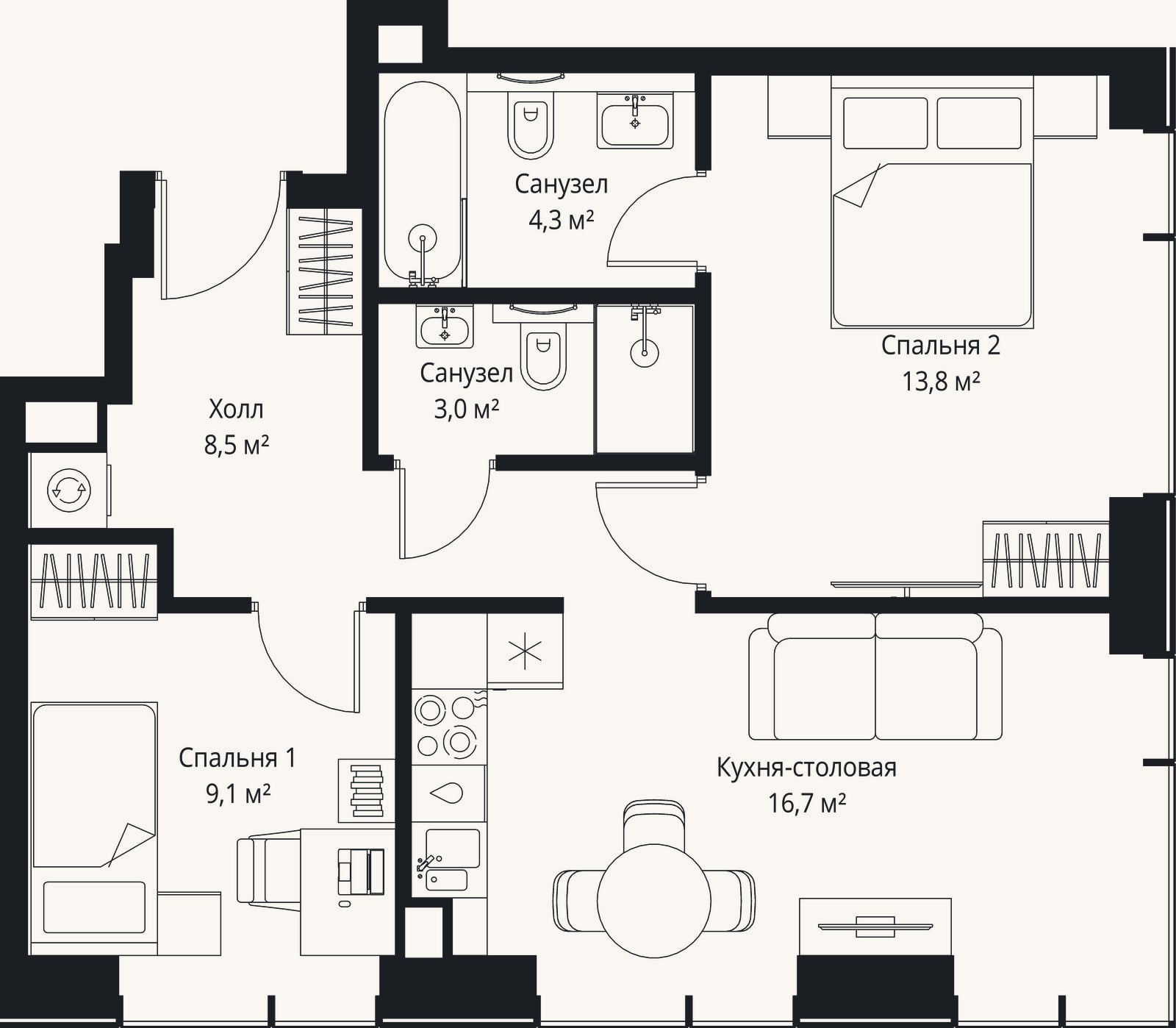 Планировка: 2-к, 32,4 м²