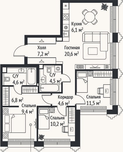 Планировка: 4+ к, 85,5 м²
