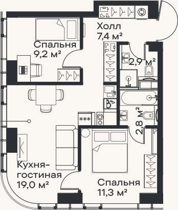 Планировка: 3-к, 52,6 м²