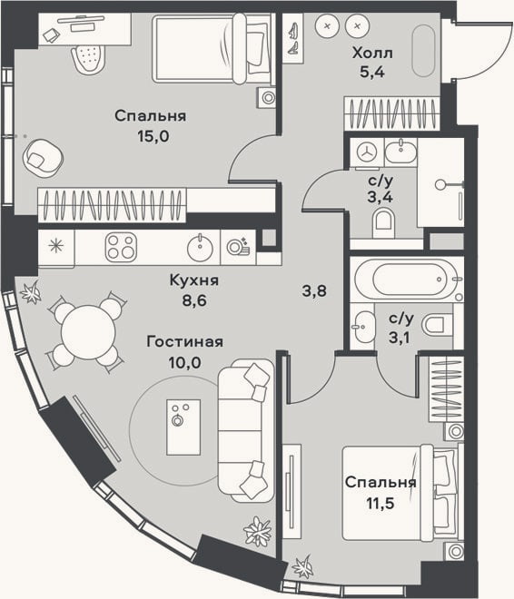 Планировка: 3-к, 60,8 м²