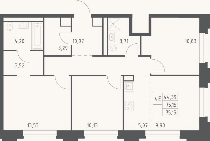 Планировка: 4+ к, 75,2 м²