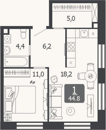 Планировка: 2-к, 44,8 м²