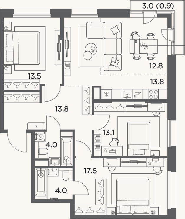 Планировка: 4+ к, 92,5 м²
