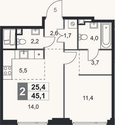 Планировка: 2-к, 45,1 м²
