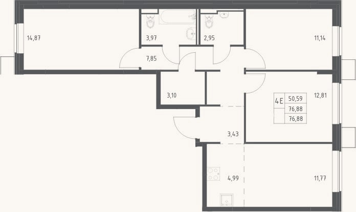 Планировка: 4+ к, 76,9 м²