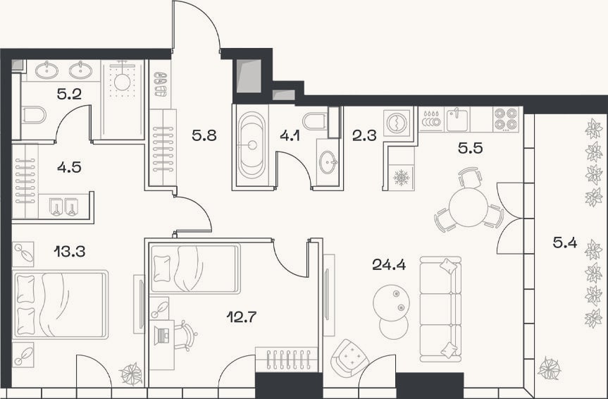 Планировка: 3-к, 77,8 м²