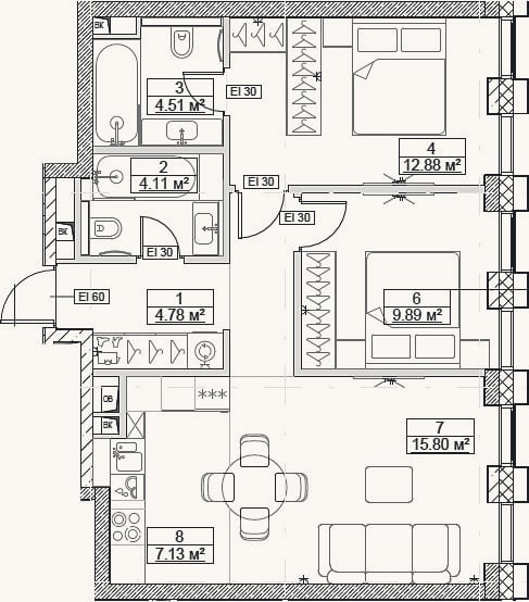 Планировка: 3-к, 62,5 м²