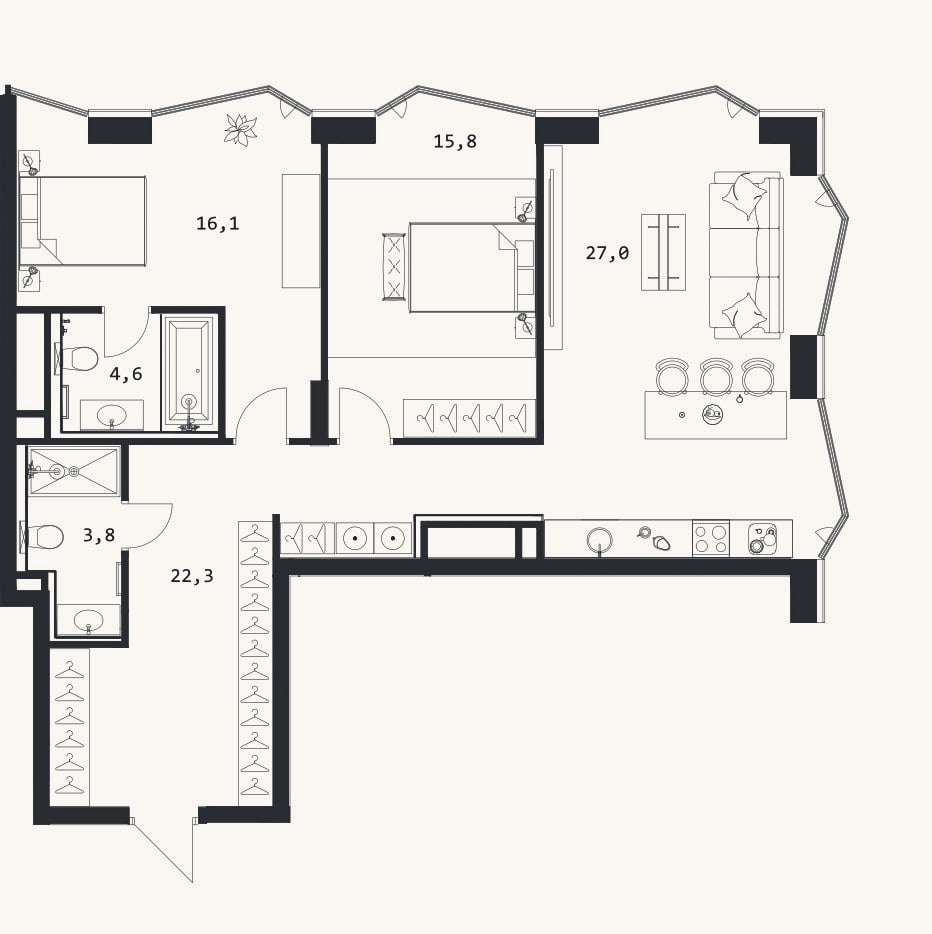Планировка: 3-к, 89,6 м²
