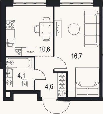 Планировка: 1-к, 36 м²