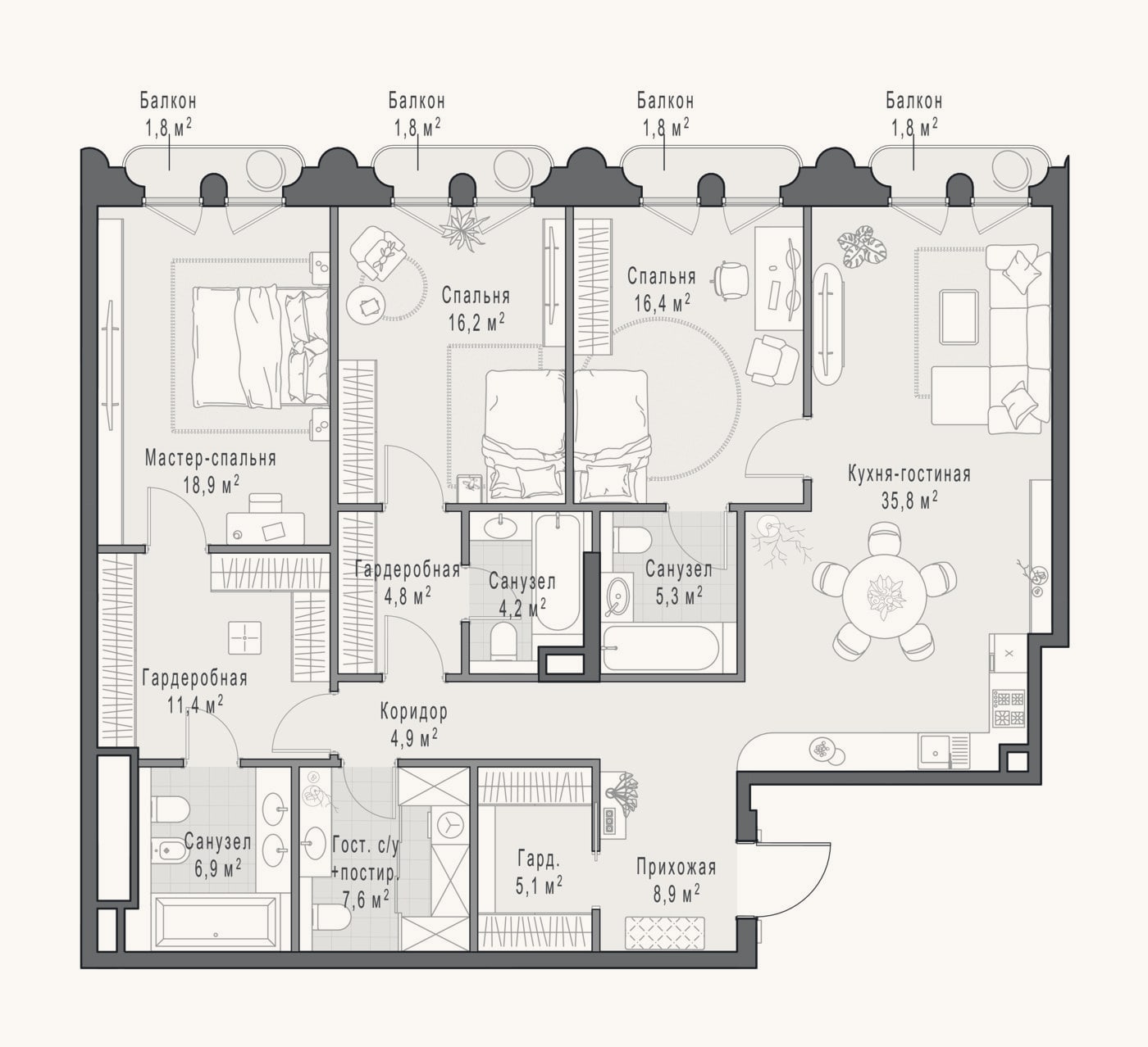 Планировка: 4+ к, 149 м²