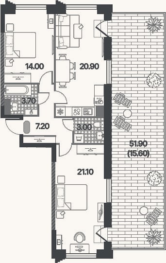 Планировка: 3-к, 69,9 м²