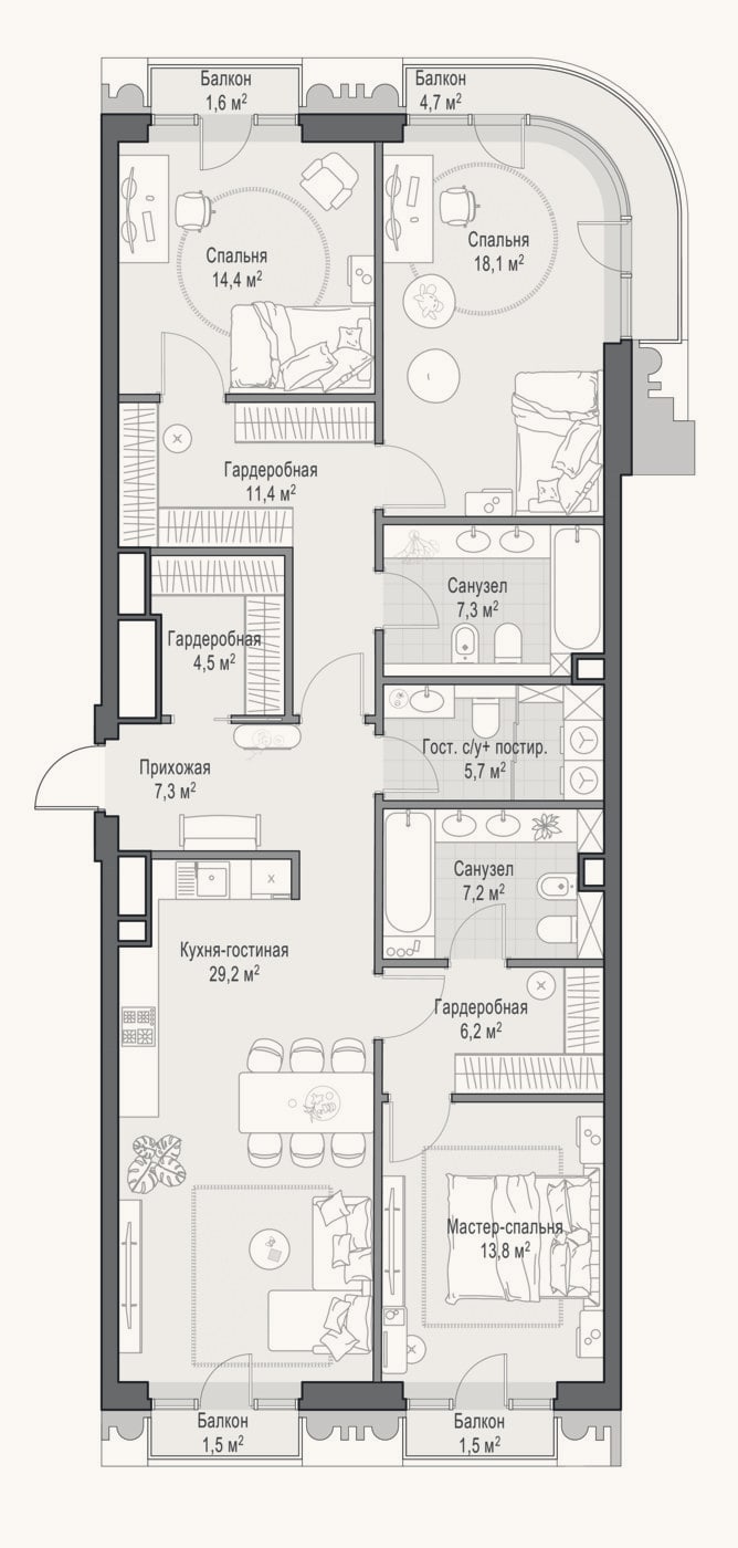 Планировка: 4+ к, 124,3 м²