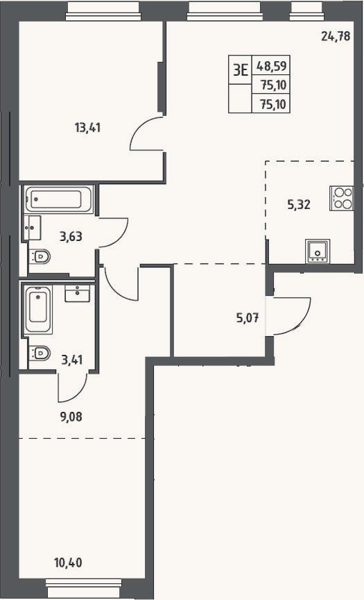Планировка: 3-к, 75,1 м²
