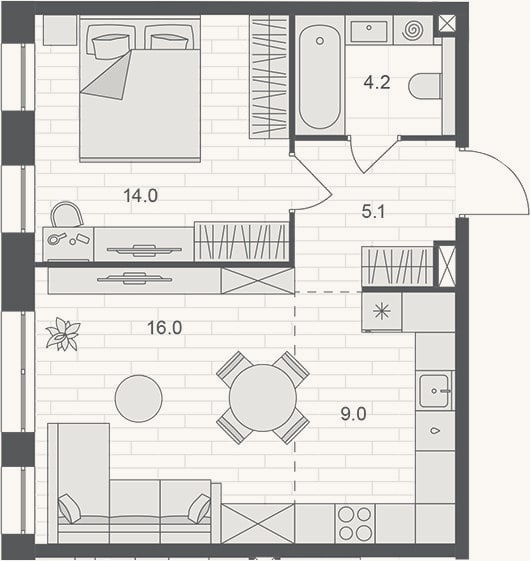 Планировка: 2-к, 48,3 м²
