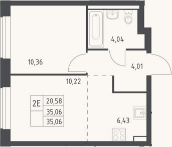 Планировка: 2-к, 35,1 м²