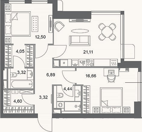Планировка: 2-к, 76,9 м²