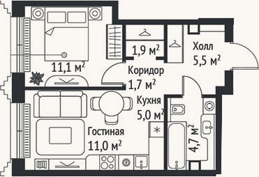 Планировка: 2-к, 40,9 м²