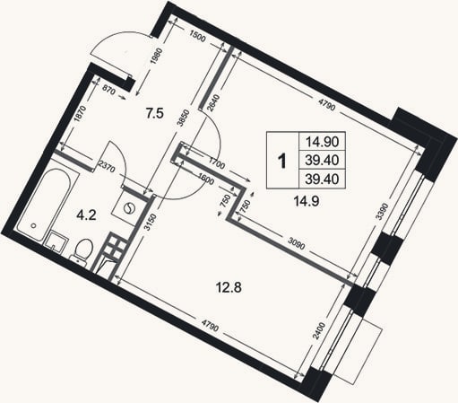Планировка: 1-к, 39,4 м²