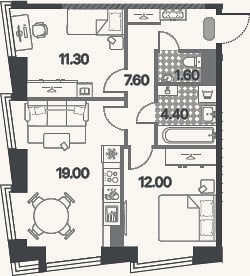 Планировка: 3-к, 55,9 м²