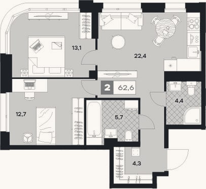 Планировка: 2-к, 62,6 м²