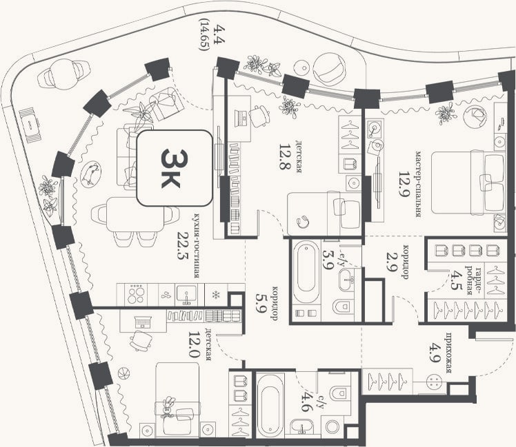 Планировка: 3-к, 86,7 м²