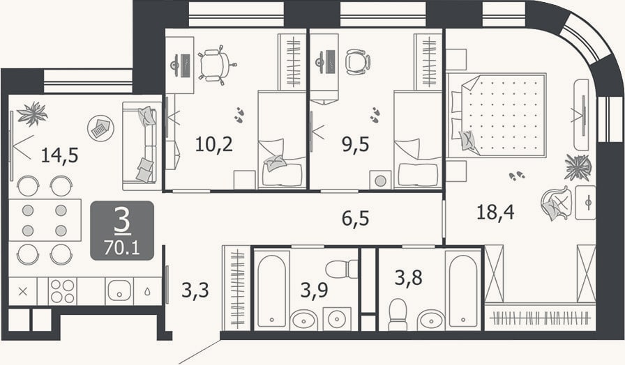 Планировка: 3-к, 70,1 м²