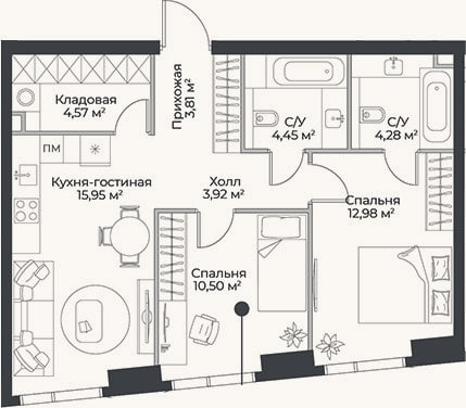 Планировка: 3-к, 60,5 м²