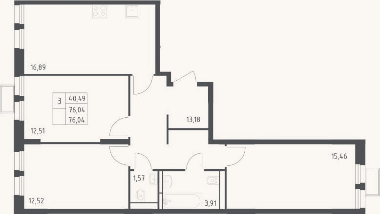 Планировка: 3-к, 76 м²