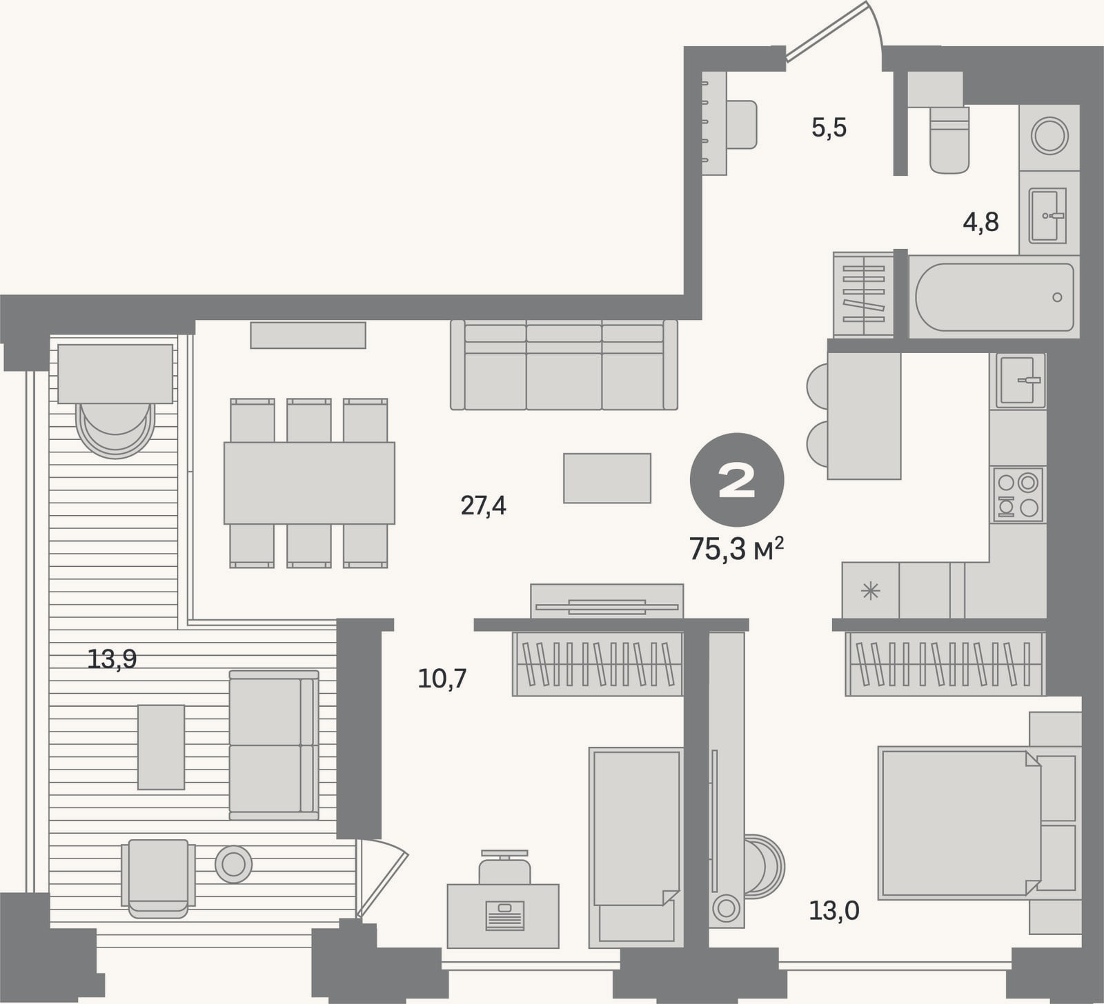 Планировка: 2-к, 61,4 м²