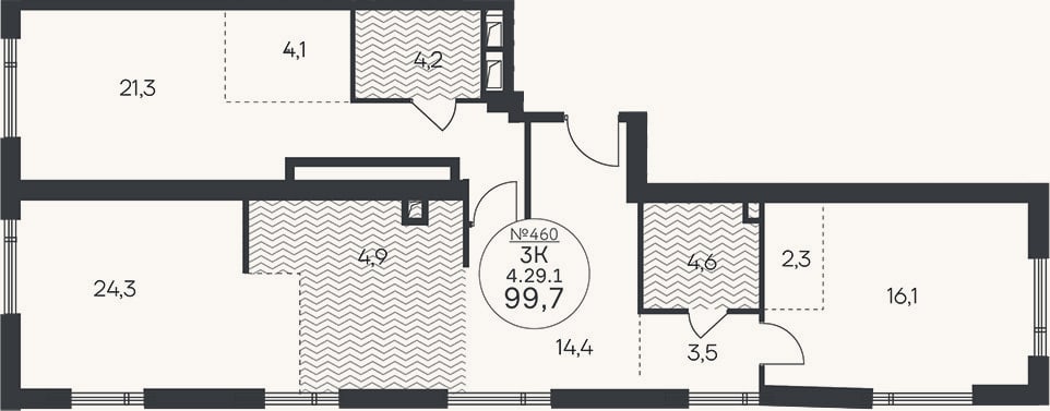 Планировка: 3-к, 99,7 м²