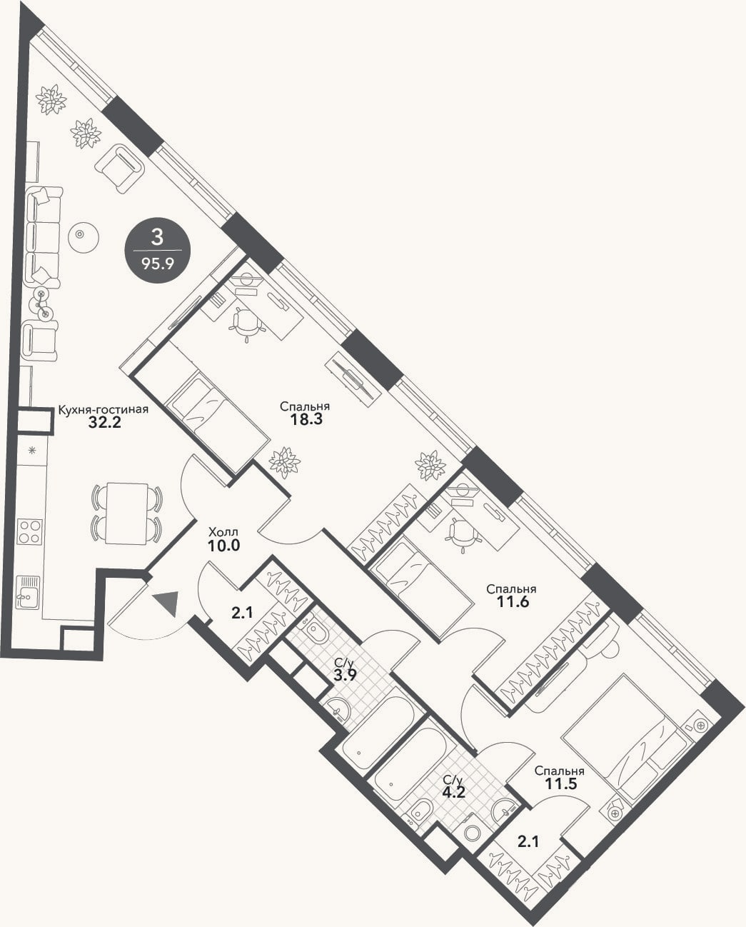Планировка: 4+ к, 95,9 м²
