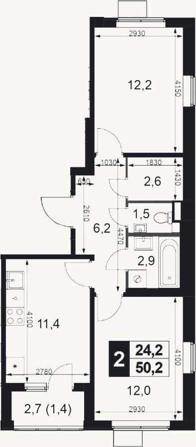 Планировка: 2-к, 48,3 м²