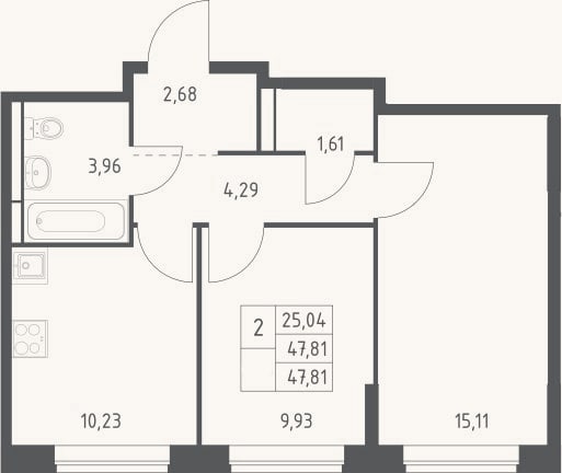 Планировка: 2-к, 47,8 м²