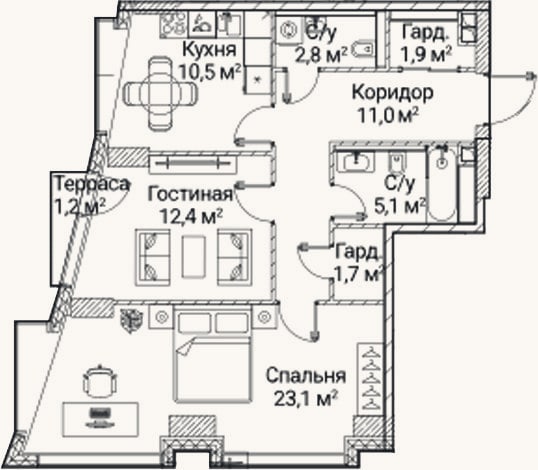 Планировка: 2-к, 67,8 м²