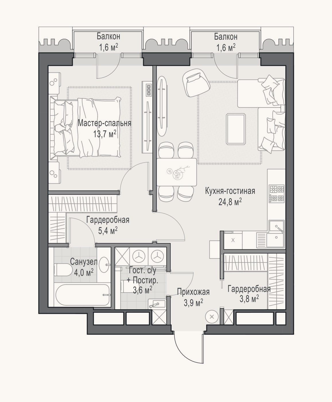 Планировка: 2-к, 59,3 м²